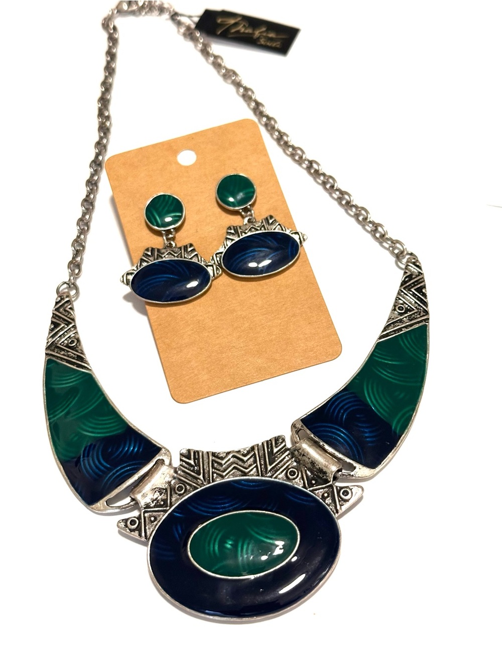 Thalia Sodi Blue and Green Enamel Statement Necklace with Matching Earrings